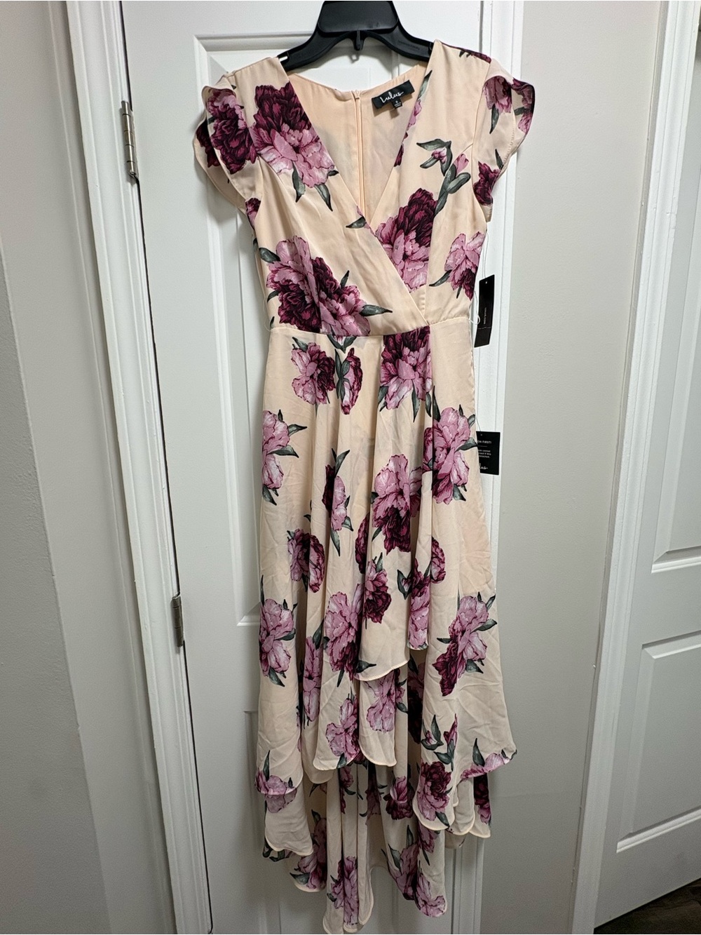 Lulu's Cream High-Low Floral Wrap Dress with Pink Blooms